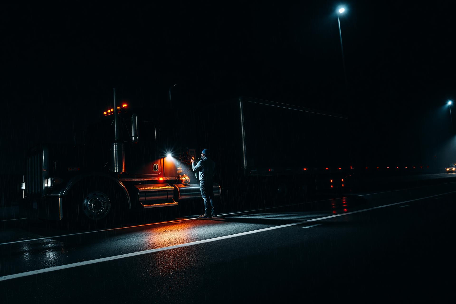Broken-down truck on the highway at night